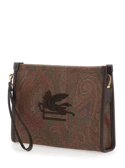 Etro 'arnica' Brown Clutch With Embroidered Logo On The Front And All-over Motif In Cotton Blend Wom