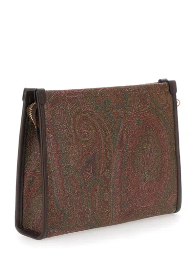 Etro 'arnica' Brown Clutch With Embroidered Logo On The Front And All-over Motif In Cotton Blend Wom