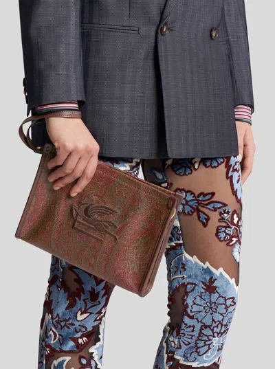 Etro 'arnica' Brown Clutch With Embroidered Logo On The Front And All-over Motif In Cotton Blend Wom