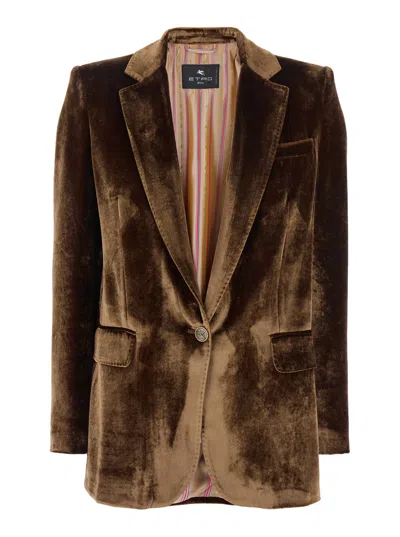 Etro Velvet Single-button Blazer In Brown