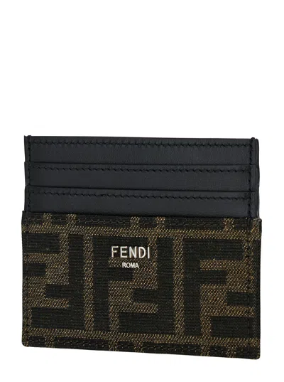 Fendi Brown Card-holder With Metal Lettering In Leather And Ff Canvas Man