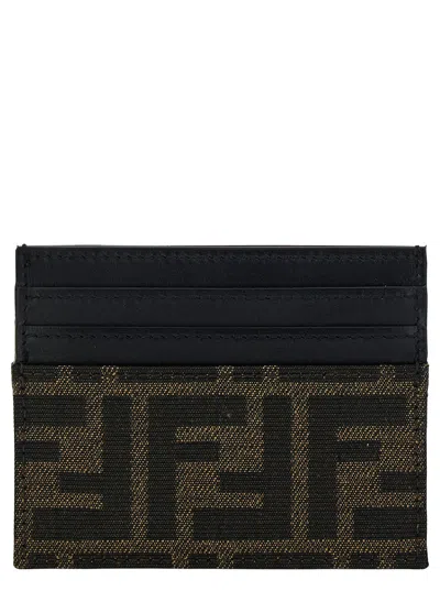Fendi Brown Card-holder With Metal Lettering In Leather And Ff Canvas Man