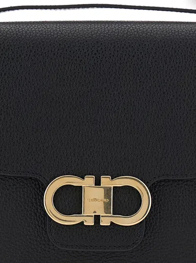 Shop Ferragamo Black Crossbody Bag With Double Gancini Plaque On The Front In Grained Leather Woman