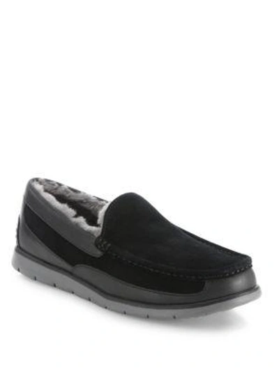 Shop Ugg Fascot Leather Blend Moccasins In Navy