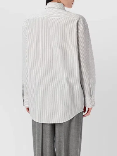 Saint Laurent Grey Shirt With Cassandre Embroidery And All-over Striped Motif In Cotton Woman In White