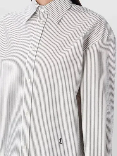 Saint Laurent Grey Shirt With Cassandre Embroidery And All-over Striped Motif In Cotton Woman In White
