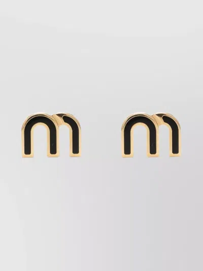 Miu Miu Metallic Stud Earrings Black Detailing In Gold