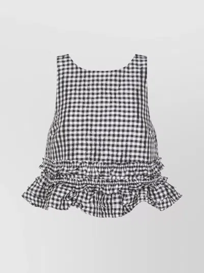 Ganni Sleeveless Checkered Ruffle Bow Tie Top In Black