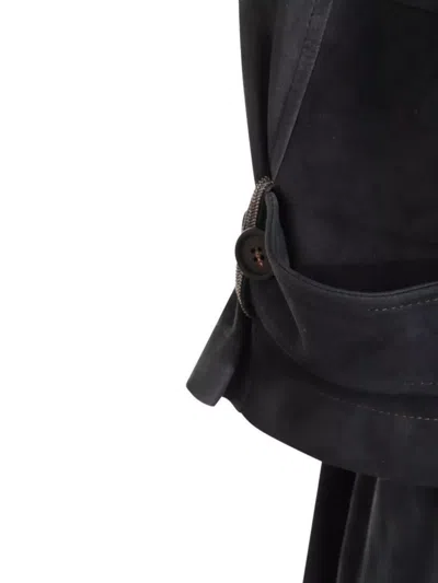 Brunello Cucinelli Leather Belted Waist Double-breasted Jacket In Black