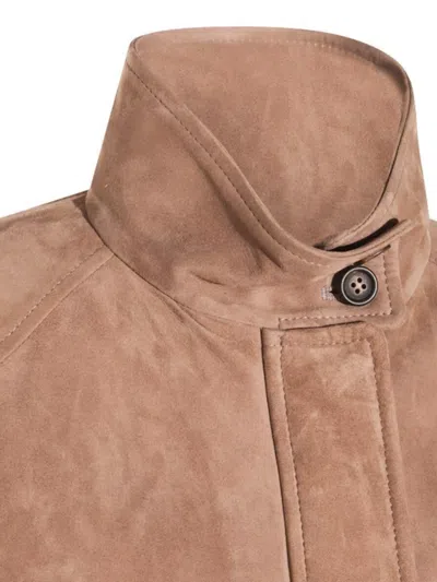Brunello Cucinelli Leather Jacket With Button Detail And Front Pockets In Brown