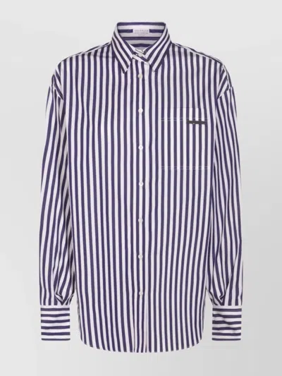 Brunello Cucinelli Striped Long Sleeve Top With Chest Pocket In Blue