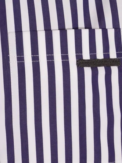 Brunello Cucinelli Striped Long Sleeve Top With Chest Pocket In Blue