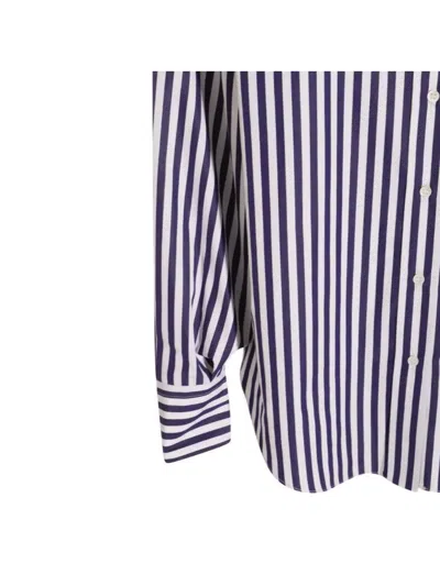 Brunello Cucinelli Striped Long Sleeve Top With Chest Pocket In Blue