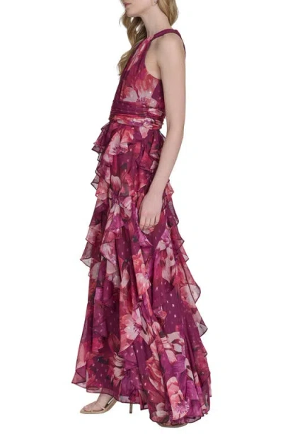 Eliza J Petite Printed Chiffon Ruffled-skirt Halter Gown