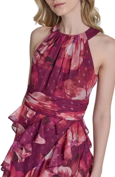 Eliza J Petite Printed Chiffon Ruffled-skirt Halter Gown
