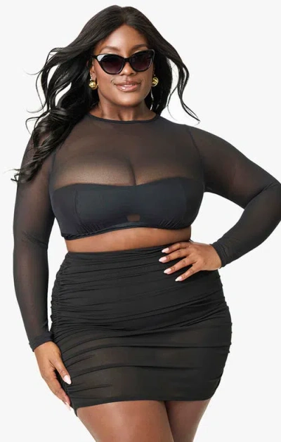 UNIQUE VINTAGE UNIQUE VINTAGE PLUS SIZE MESH LONG SLEEVE SWIM TOP 