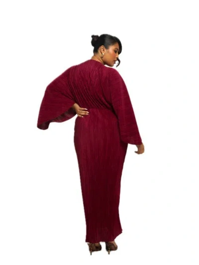 Fashion-szn Curve Long Sleeve V-neck Burgundy Maxi Dress