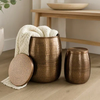 Happimess Merida Modern Rustic 2-piece Hammered Metal Drum Storage Side Tables With Lids