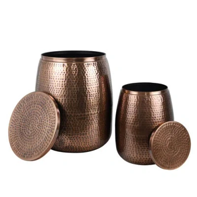 Happimess Merida Modern Rustic 2-piece Hammered Metal Drum Storage Side Tables With Lids