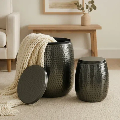 Happimess Merida Modern Rustic 2-piece Hammered Metal Drum Storage Side Tables With Lids