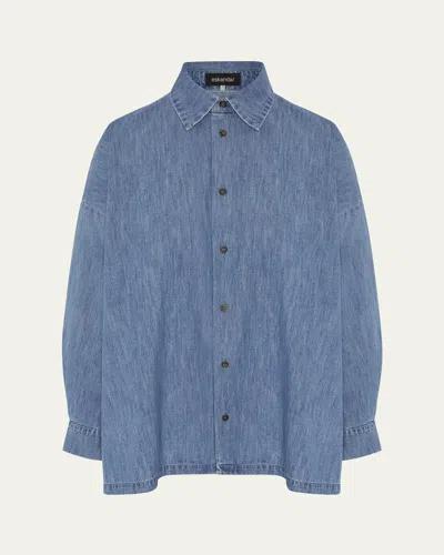 Eskandar Angled-to-front Side Seam Denim Shirt With Collar (long Length)