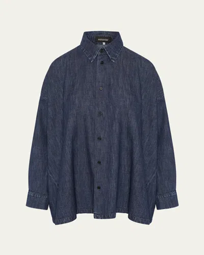 Eskandar Angled-to-front Side Seam Denim Shirt With Collar (long Length)