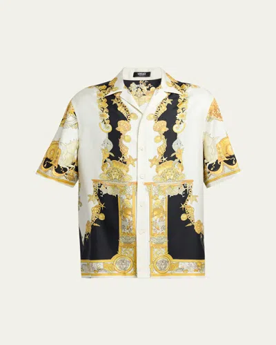 Versace Coral Teater White Bowling Shirt With Cuban Collar And All-over Print In Silk Man In Black