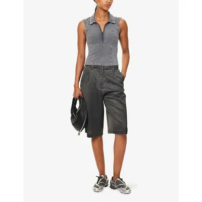 Daily Paper Womens Washed Cut-out Stretch-denim Polo Top Formal Grey