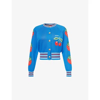 Mother Womens The Crop Rib Cherry-intarsia Cotton-blend Cardigan Tutti Frutti