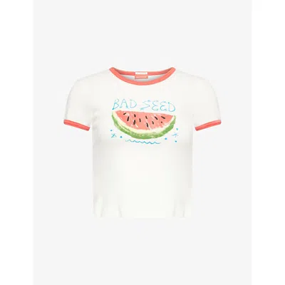 Mother Womens The Itty Bitty Logo-print Short-sleeve Cotton-jersey T-shirt Bad Seed In White