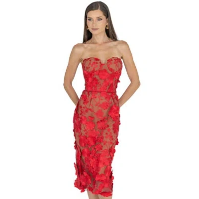 Akalia Anni Floral Embroidered Strapless Midi Dress In Red