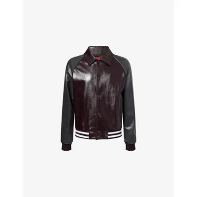 Gucci Mens Logo-embossed Shiny Leather Bomber Jacket Burgundy Antracite In Burgundy