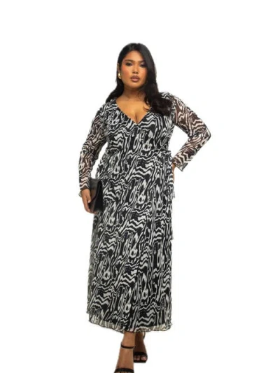 FASHION-SZN CURVE FASHION-SZN CURVE LONG SLEEVE MONOCHROME PRINT MIDI DRESS 