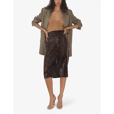 Reiss Womens  X Atelier Raye Laser-cut Woven Pencil Skirt Chocolate