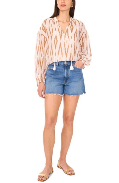 Vince Camuto Ikat Print Split Neck Peasant Top In Neutral