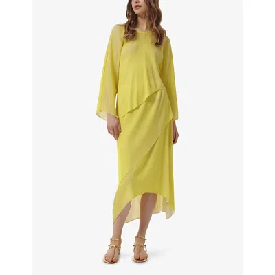 Leem Womens Dual-tone Asymmetric Plisse Woven Maxi Skirt Yellow