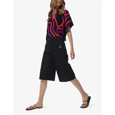Leem Womens Abstract Applique-detail Cotton Top Black Xl