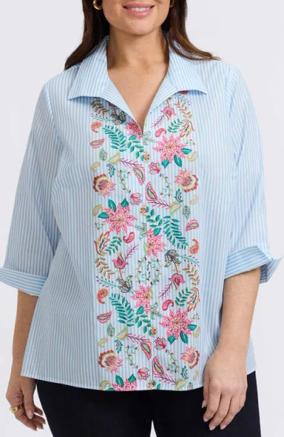 Foxcroft Anges Stripe Floral Embroidered Cotton Shirt