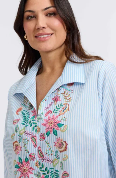 Foxcroft Anges Stripe Floral Embroidered Cotton Shirt
