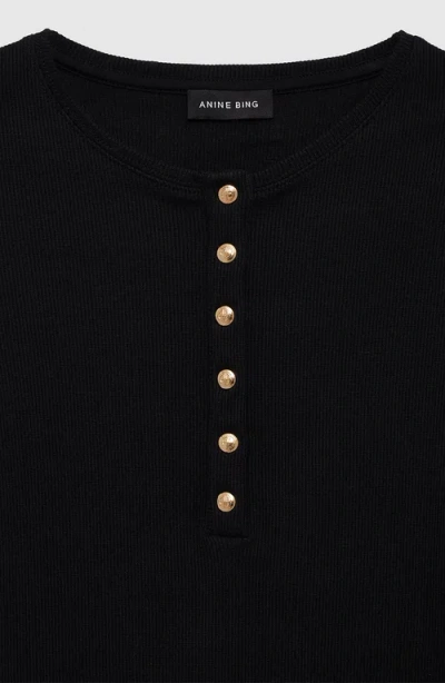 Anine Bing Ribbed Texture Round Neck Button Detailing Top In Black