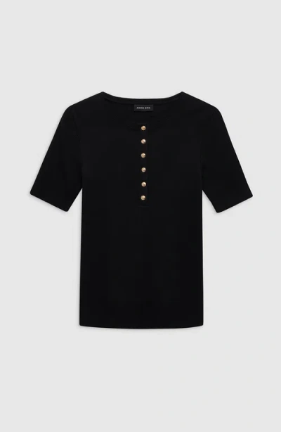 Anine Bing Ribbed Texture Round Neck Button Detailing Top In Black