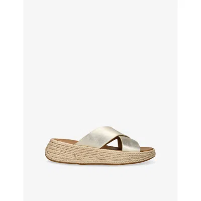 Fitflop Leather F-mode Flatform Slides In Metallic