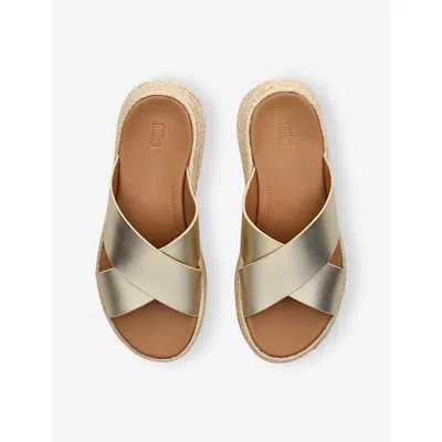 Fitflop Leather F-mode Flatform Slides In Metallic
