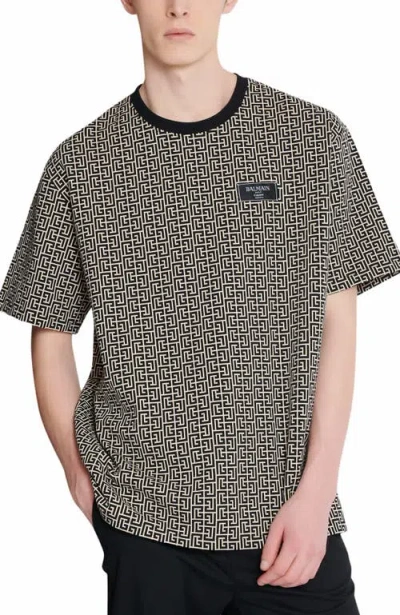 Balmain Grey T-shirt With Logo Applied On The Chest And All-over Labyrinth Motif In Cotton Man