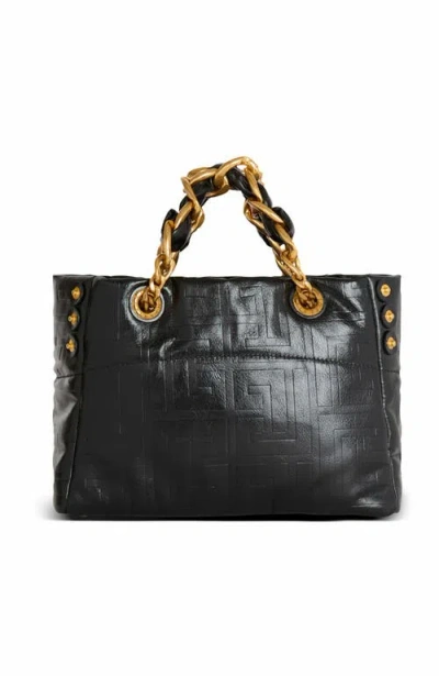 Balmain Black Leather Shopping Bag With Gold Details