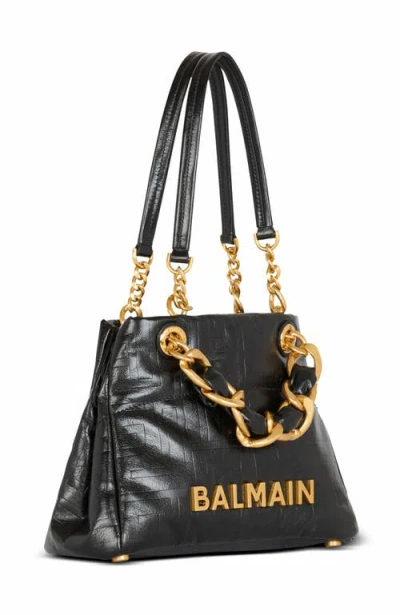 Balmain Black Leather Shopping Bag With Gold Details