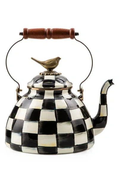 Mackenzie-childs Mackenzie Childs Courtly Check Enameled Steel 3-quart Tea Kettle With Bird