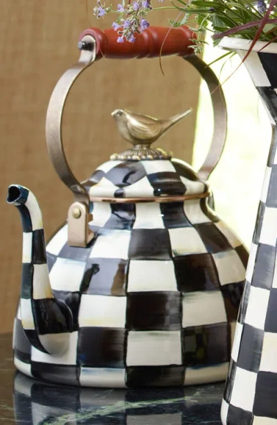Mackenzie-childs Mackenzie Childs Courtly Check Enameled Steel 3-quart Tea Kettle With Bird