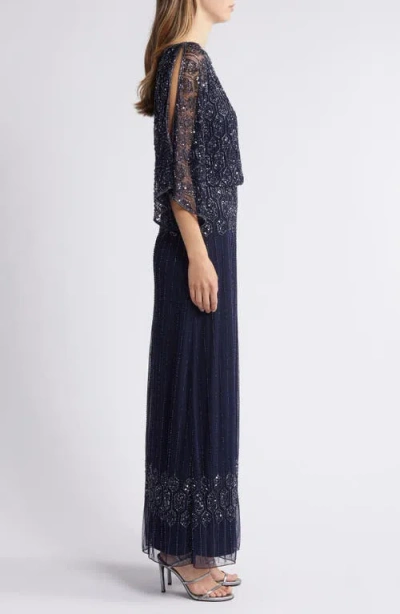 Pisarro Nights Beaded Blouson Split Sleeve Gown