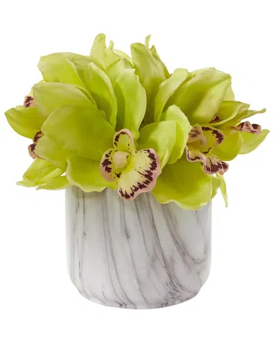 Nearly Natural Cymbidium Orchid Artificial Arrangement In Marble Vase